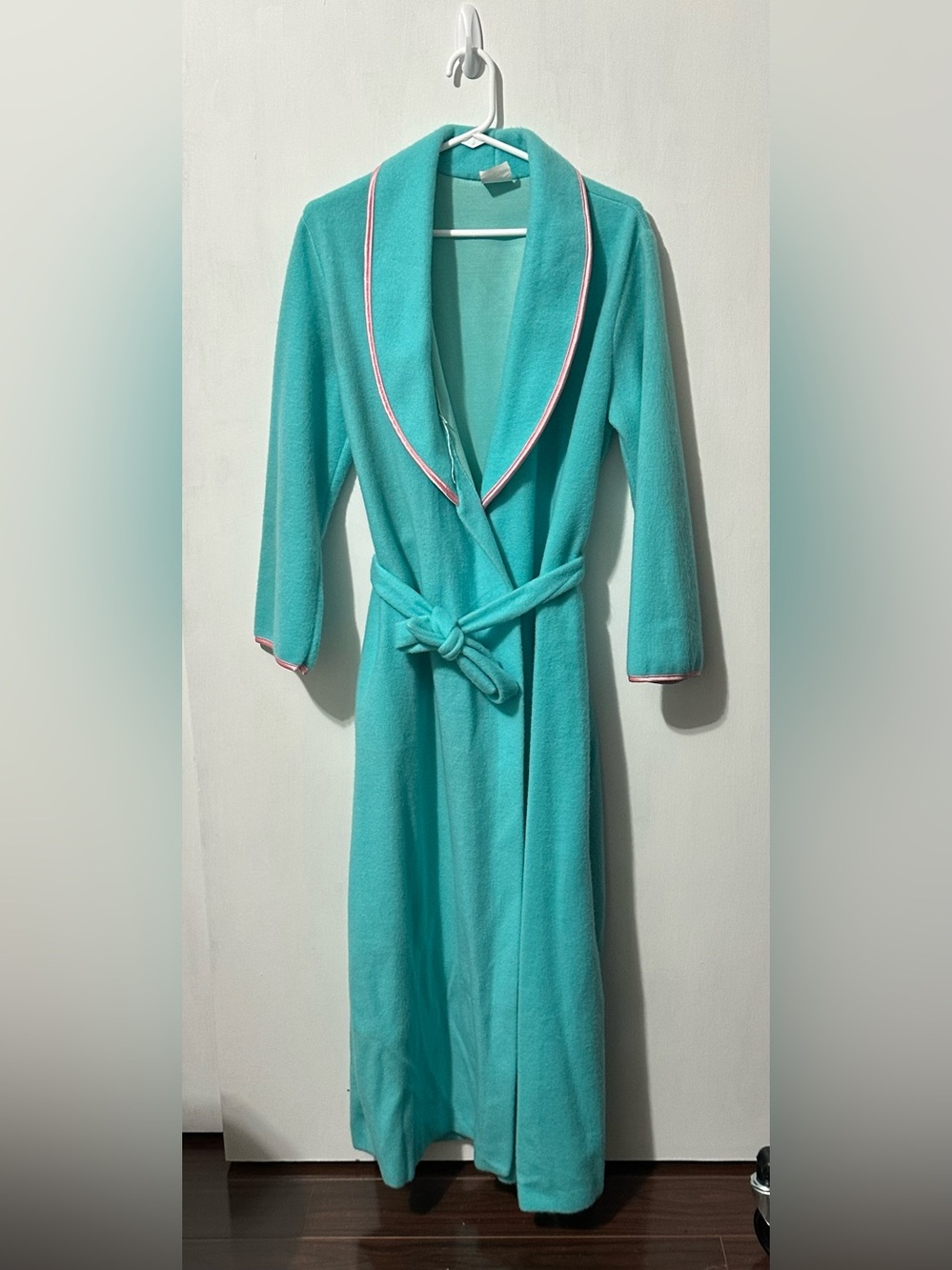 Vintage 80's Turquoise Fleece Bath Robe, Size medium Women's Wrap housecoat